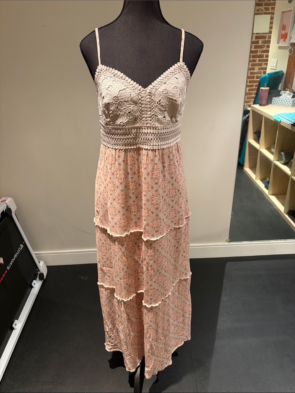 Bohemian Pink Crochet-Top Maxi Dress